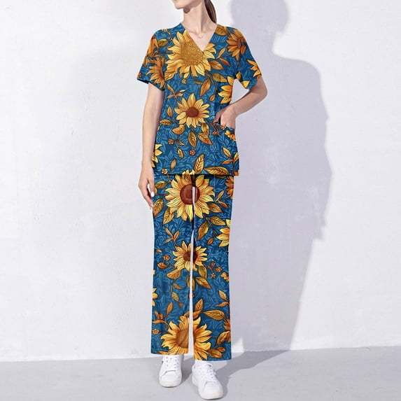 Cavosen Women's Scrub Uniform Sets 2 Piece Outfit with Pocket Stretch Soft Nurse Uniform Short Sleeve V-Neck Long Pants Workwear Sunflower Print Yoga Loungewear Breathable M