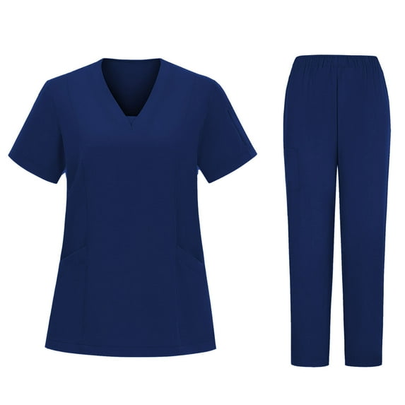 Cavosen Women's Scrub Uniform Sets Blue 2 Piece Outfit with Pocket Stretch Soft Workwear Short Sleeve V-Neck Long Pants Nurse Uniform Solid Yoga Loungewear Lightweight Athletic L