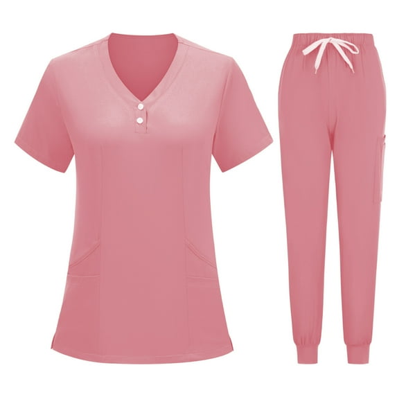 Cavosen Women's Scrub Uniform Sets Pink 2 Piece Outfit with Pocket Stretch Workwear Short Sleeve V-Neck Long Pants Jogger Pants Nurse Uniform Solid Drawstring Loungewear S