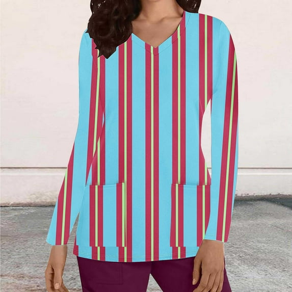 Cavosen Women's Scrub Uniform Tops Blue Long Sleeve V Neck Scrub Tops Stretchy Soft Xmas Striped Yoga Underscrub with Pocket Breathable Workwear Scrub Shirts Tee Tunic XL