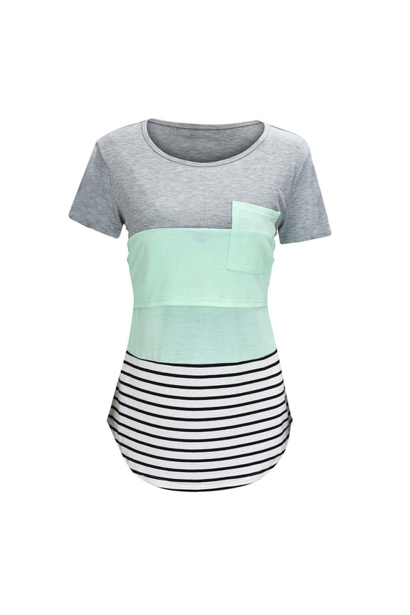 Women's Short Sleeve Maternity Shirts Over Belly Double Laye Maternity Shirt Crewneck Breastfeeding Lightweight Blouses Stripe Tunic Postpartum Workout Clothes
