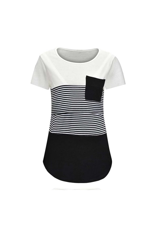 Women's Short Sleeve Maternity Shirts Over Belly Double Laye Maternity Shirt Crewneck Breastfeeding Lightweight Blouses Stripe Tunic Postpartum Workout Clothes