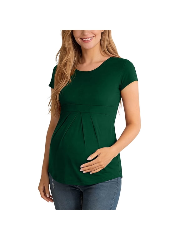 Women's Short Sleeve Maternity Shirts Over Belly Ruched Maternity Shirt Soft Blouses Slim Tunic Pregnancy Work Clothes