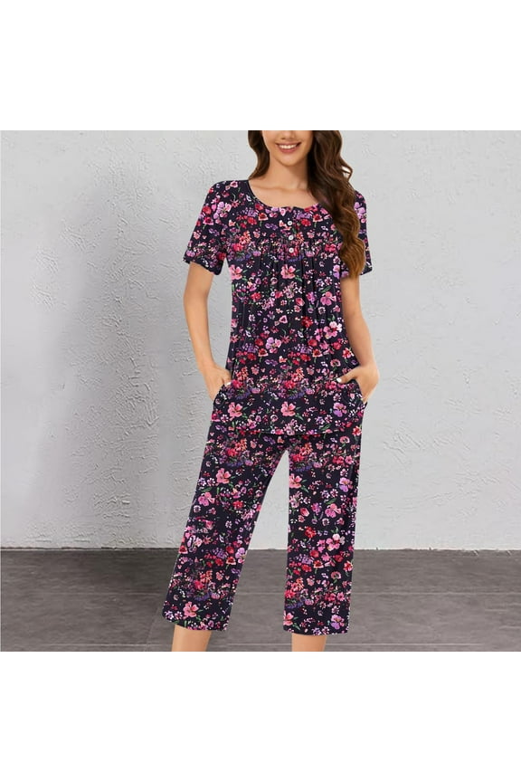 Women's Sleepwear Two Piece Set with Pocket Button 2 Piece Pajamas Sets Capris Short Sleeve Tops Pjs Pleated Nightwear Lightweight Casual Homewear Fall Winter Clothes
