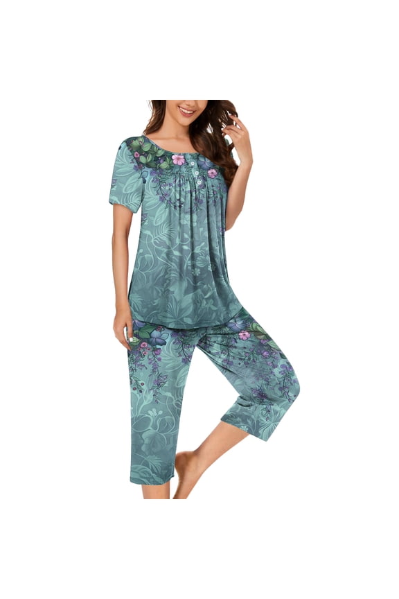 Women's Sleepwear Two Piece Set with Pocket Button 2 Piece Pajamas Sets Capris Short Sleeve Tops Pjs Pleated Nightwear Lightweight Soft Homewear Fall Winter Clothes