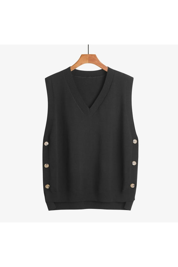 Women's Sweater Tank Tops Knit Sleeveless Pullover Vest Sweaters High Low Hem Button V-Neck Breathable Lightweight Sweaters Plain Jumper Sweaters Slouchy Clothes Black L