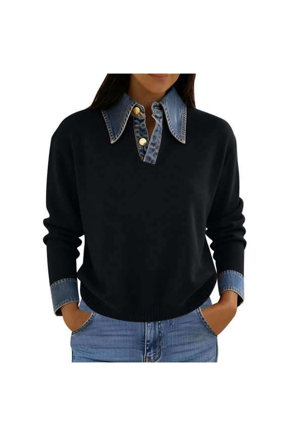 Women's Sweaters Pullover Denim V Neck Patchwork Sweatshirt Long Sleeve Button Solid Soft Knit Shirt Trendy Tops Black
