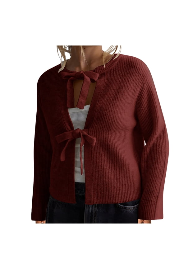 Women's Sweaters for Winter Short Length Front Bow Cardigan Long Sleeve Stretch Open Front Outerwear Coats