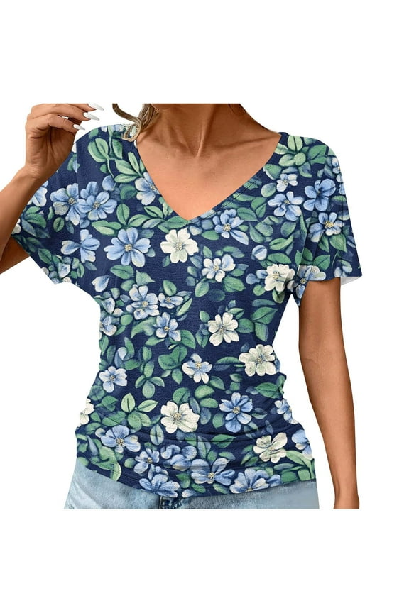 Women's Tops Short Sleeve Tops Summer Dolman Sleeve Ruched Dressy Blouse Pullover Tunic V Neck Casual Loose Tees Floral Print Fashion T Shirts Resort Workout Shirts L