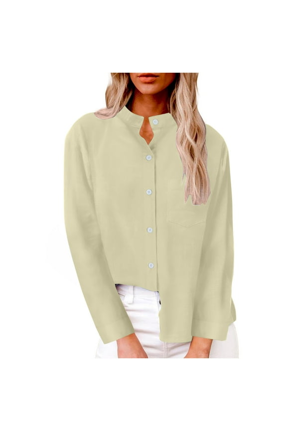 Women's Work Tops for Office Long Sleeve Button down Shirts Stand Neck Solid Color Blouse Dressy Flowy Loose Fit Tees Business Suit Cardigan Tops with Pocket Beige S