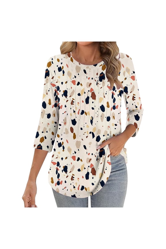 WomenShirts Casual Cute 3/4 Sleeve Crewneck Blouse Ruched Tunic Tee Tops Fall Graphic Loose Cozy Going Out Clothes