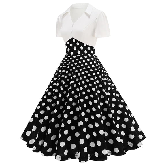 Cavosen Womens 1950s Dresses Black Vintage Retro Short Sleeve V Neck Collar Button Front A-Line Tea Length Dresses Polka Dots Print Elegant Bodycon Cocktail Party Dress 2XL