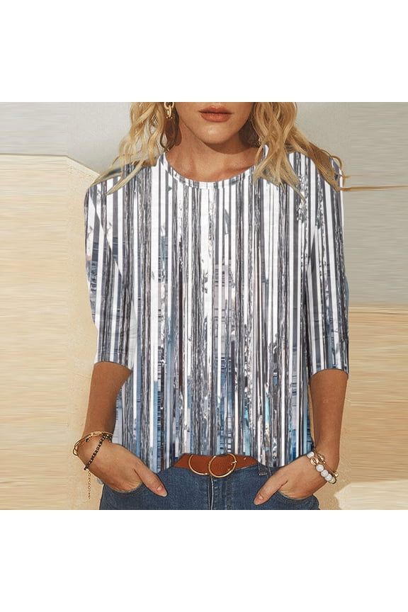 Womens 3/4 Length Sleeve Tops Crew Neck Glitter Sparkly Print Pullover Shirts Shiny Blouse Party Tshirts Fashion Casual Dressy Elegant Evening Tees Holiday Spring 3XL