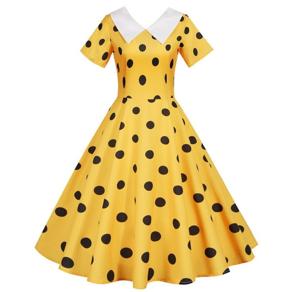 Cavosen Womens 50s Dresses A Line Dresses for a Wedding Vintage Retro Polka Dots Midi Tea Dress Short Sleeve Knee Length Party Dress V-Neck Shawl Collar Cocktail Dress Evening Prom Gown