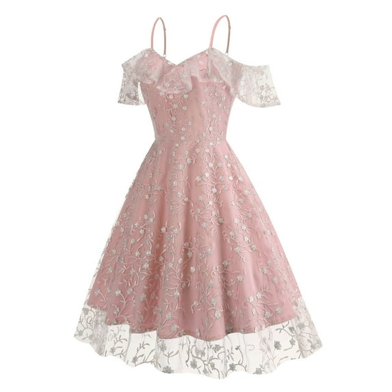 Cavosen Womens 50s Dresses Pink Mesh Vintage Retro Cold Shoulder Short Sleeve V Neck Tiered A-Line Tea Length Dresses Floral Print Elegant Bodycon Cocktail Party Dress 2XL