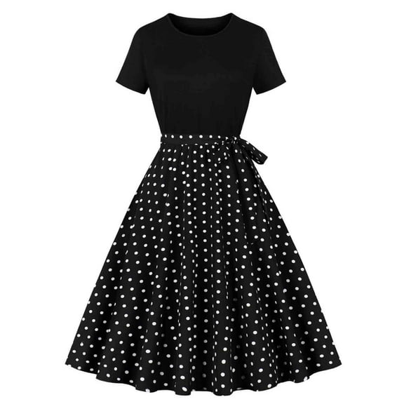 Cavosen Womens 50s Dresses Polka Dot Vintage Retro Midi Tea Dress Short Sleeve Knee Length Party Dress Crewneck A Line Cocktail Dress Bowknot Belt Evening Prom Gown Fit and Flare Dress
