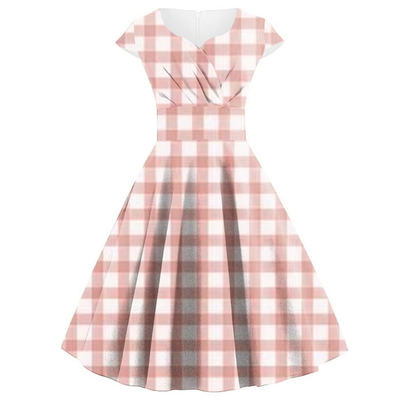 Cavosen Womens 50s Dresses Red Vintage Retro Short Sleeve V Neck Casual A-Line Tea Length Dresses Plaid Elegant Bodycon Rockabilly Cocktail Party Dress Summer Homecoming L