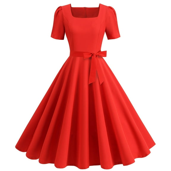 Cavosen Womens 50s Dresses Short Sleeve Dresses Casual Vintage Solid Knee Tea Dress Midi A Line Dress Square Neck Party Dress Evening Prom Gown Bowknot Belt Cocktail Fit and Flare Dress
