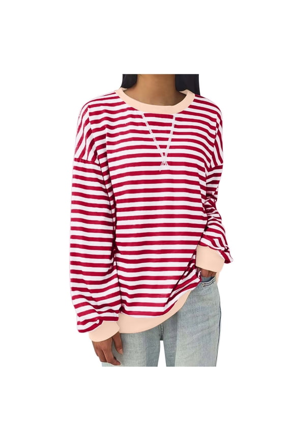 Womens Athletic Tops Long Sleeve Drop Shoulder Pullover Tunic Shirts Round Neck Striped Color Block Blouse Dressy Flowy Loose Fit Tees Y2k Boyfriend Tops Fashion Red XL