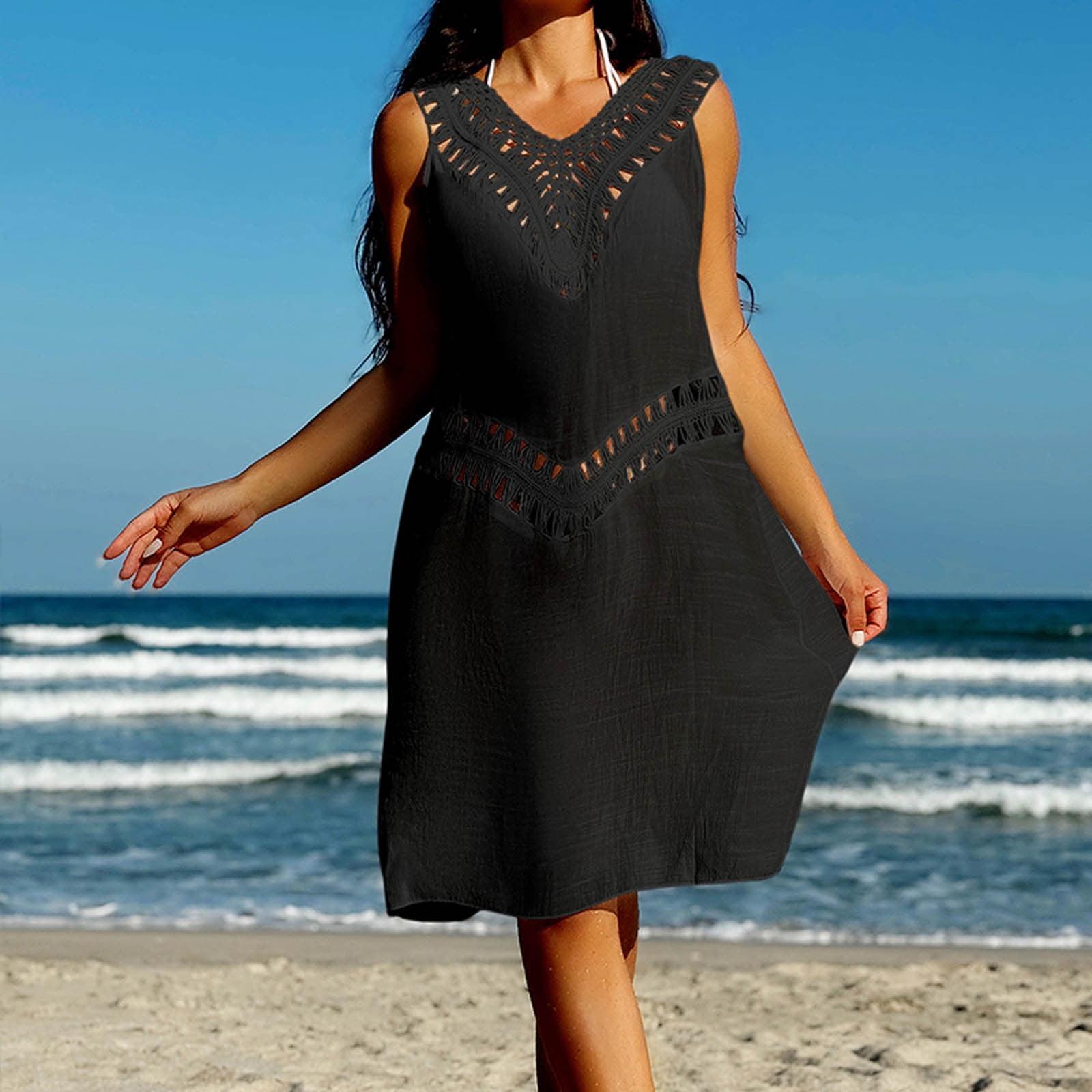 Sunscreen Beach Dress Hollow Out Cutout out Strap Women Maxi Dress with Tassel Bikini Swimsuit Blouse
