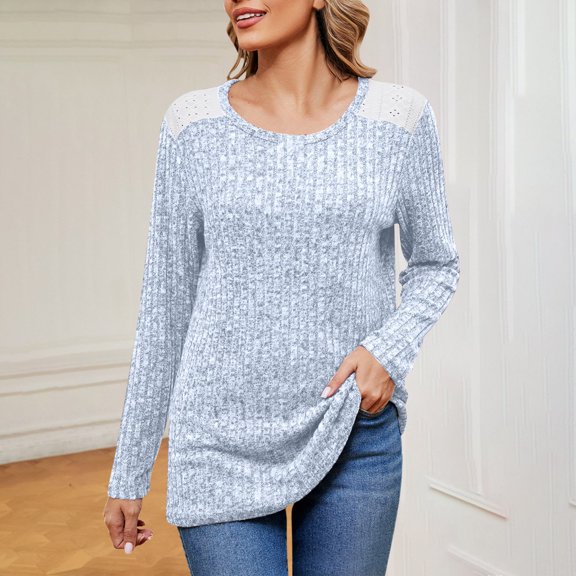 Cavosen Womens Blouses Long Sleeve Dressy Ribbed Knitted Pullover Shirts Tunic Round Neck Solid Soft Tops Vacation T-Shirts Trendy Casual Blouse Going out Beach Tees Blue M