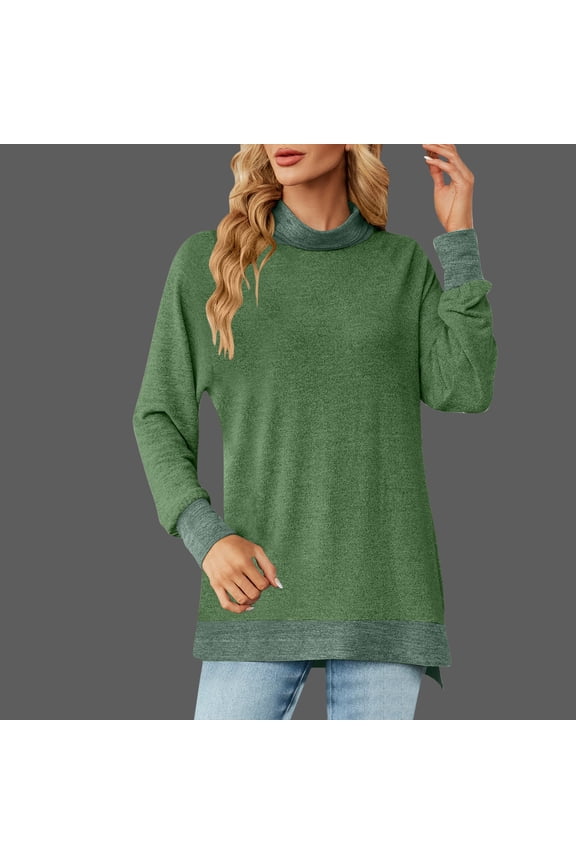 Womens Blouses Long Sleeve High Collar Pullover T-Shirts Tunic Solid Soft Shirts Side Split Holiday Blouse Stylish Dressy Tops Going out Beach Tees Summer Green XL