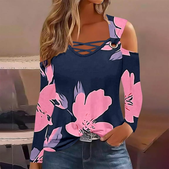 Cavosen Womens Blouses Long Sleeve V Neck Off Shoulder Sleeve Pullover T-Shirts Floral Print Flowy Tops Criss Cross Holiday Shirts Trendy Loose Blouse Workout Beach Tees Blue S