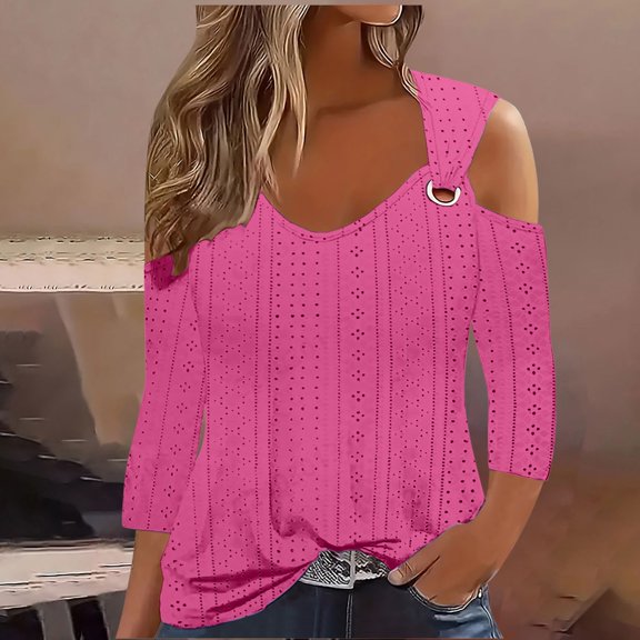 Cavosen Womens Boho Tops 3/4 Sleeves Cold Shoulder Pullover Tops V-Neck Casual Solid Color Shirts Dressy Flowy Loose Fit Blouse Eyelet Ring Tees Novelty Lightweight Autumn Pink S