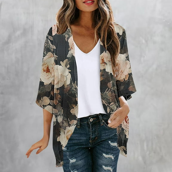 Cavosen Womens Cardigans Lightweight 3/4 Sleeves Kimonos Floral Vintage Print Open Front Cardigan Summer Soft Slouchy Sweaters Beach Cover ups Bathing Vacation Outwear Blue XL
