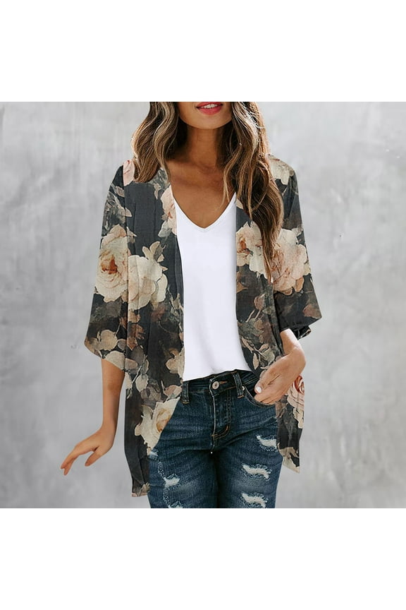 Womens Cardigans Lightweight 3/4 Sleeves Kimonos Floral Vintage Print Open Front Cardigan Summer Soft Slouchy Sweaters Beach Cover ups Bathing Vacation Outwear Blue XL