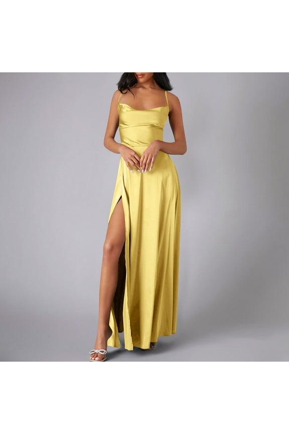 Womens Cocktail Dresses for Wedding Guest Yellow Elegant Spaghetti Strap Sleeveless Long Dress Side High Split Ankle Length Maxi Dress Flowy Backless Bodycon Wrap Party Dress