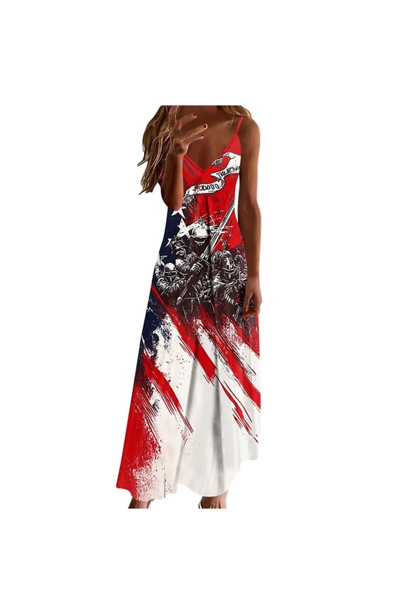 Womens Dress Sleeveless Sleeveless Crewneck Dress Ladies Maxi Dress Star and Stripe Loose Dress