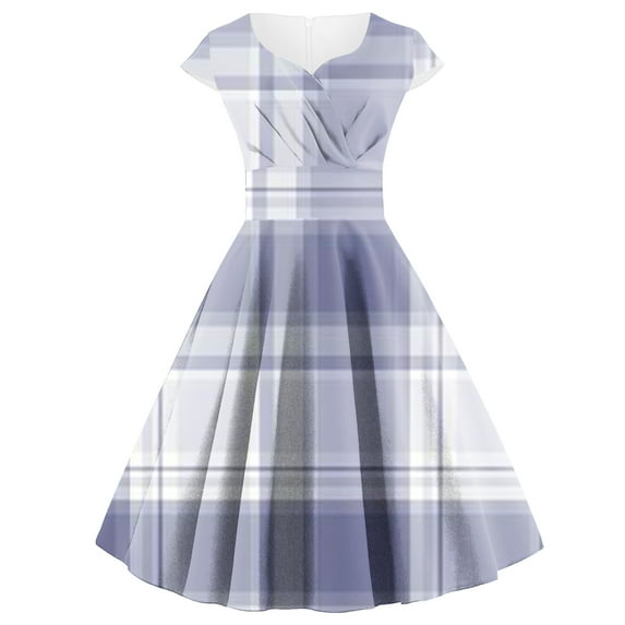 Cavosen Womens Dresses 1950s Blue Vintage Retro Short Sleeve V Neck Casual A-Line Tea Length Dresses Plaid Elegant Bodycon Rockabilly Cocktail Party Dress Summer Homecoming L