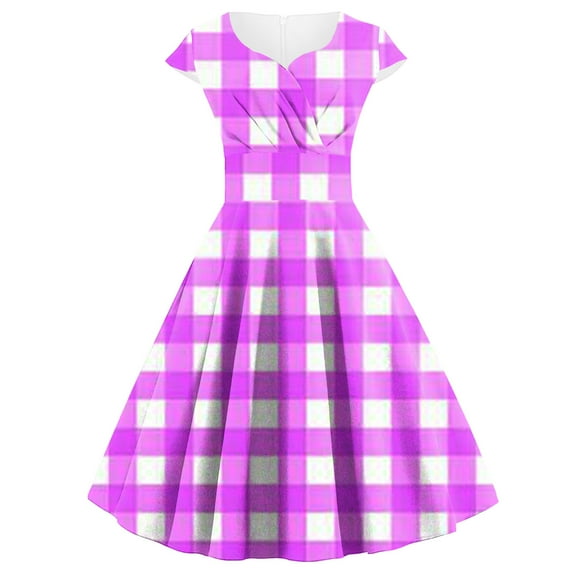 Cavosen Womens Dresses 1950s Purple Vintage Retro Short Sleeve V Neck Loose A-Line Tea Length Dresses Plaid Elegant Bodycon Rockabilly Cocktail Party Dress Summer Homecoming L