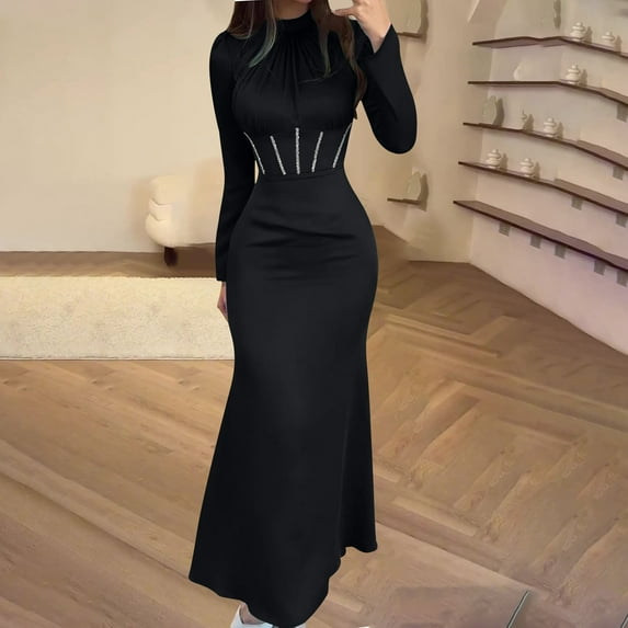 Cavosen Womens Dresses for Wedding Guest Black Elegant Long Sleeve Long Dress Crew Neck Pleated Tie Floor Length Maxi Dress Flowy Homecoming Bodycon Wrap Party Dress Evening Prom