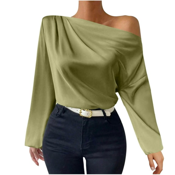 Cavosen Womens Dressy Tops and Blouses Long Sleeve Satin Pullover Blouse One Shoulder Neck Solid Flowy T-Shirts Elegant Vacation Tops Trendy Loose Shirts Going out Resort Tees Green L