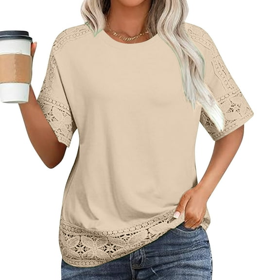Cavosen Womens Elbow Length Shirts Half Sleeve Lace Patchwork Pullover T-Shirts Tunic Crewneck Solid Soft Tops Holiday Blouse Fashion Loose Shirts Athletic Resort Tees Brown L