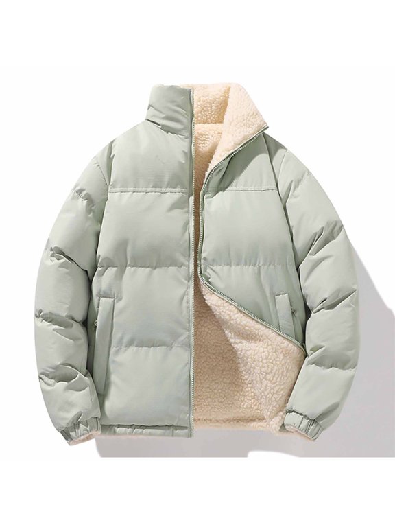 Womens Fleece Jacket Winter Lightweight Zipper Long Sleeve Puffy Coat Insulated Stand Collar Solid Tops Workout Outerwear with Pockets