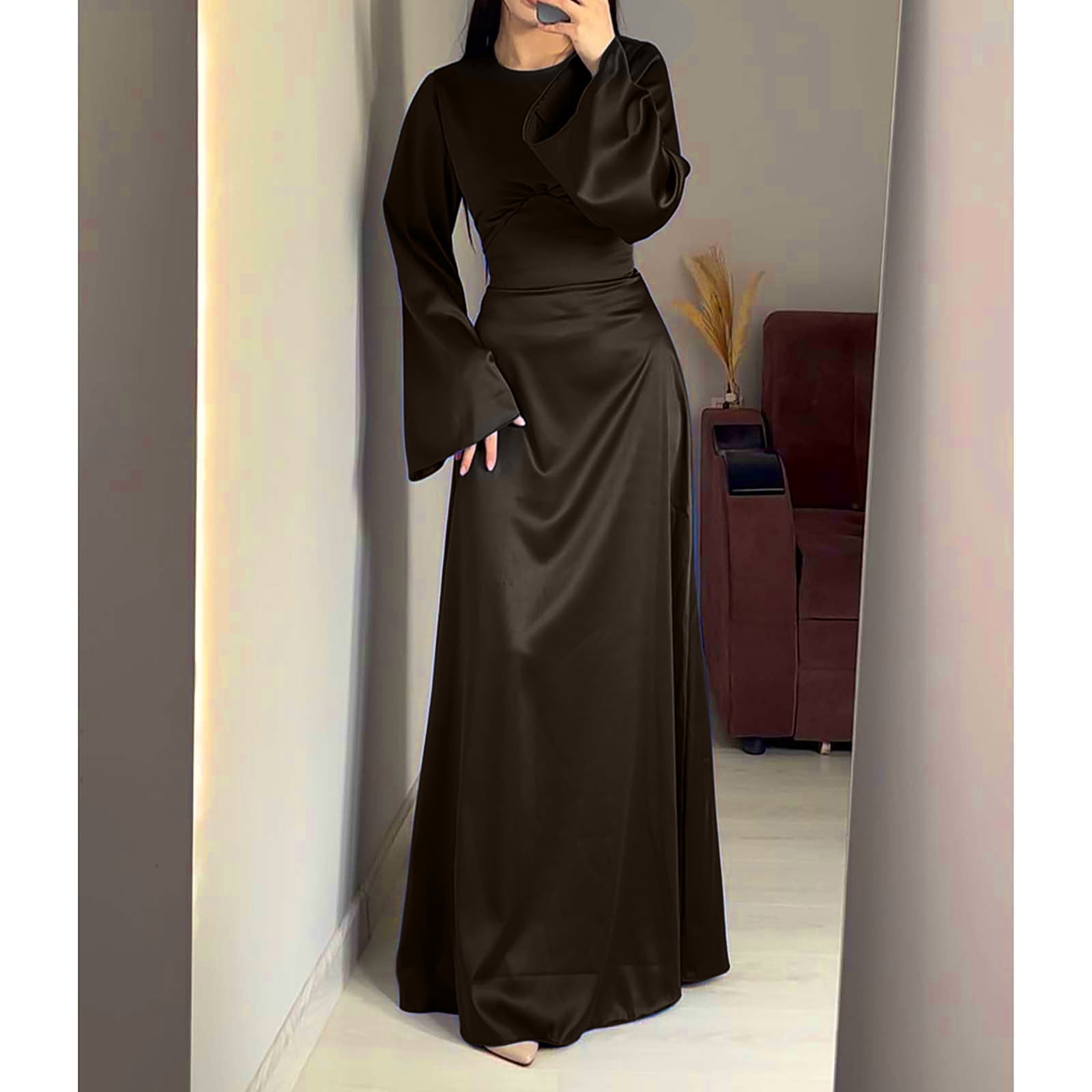 blue dress for baby girl Satin Panel Mock Neck Long Sleeve Maxi Dress - Light Brown