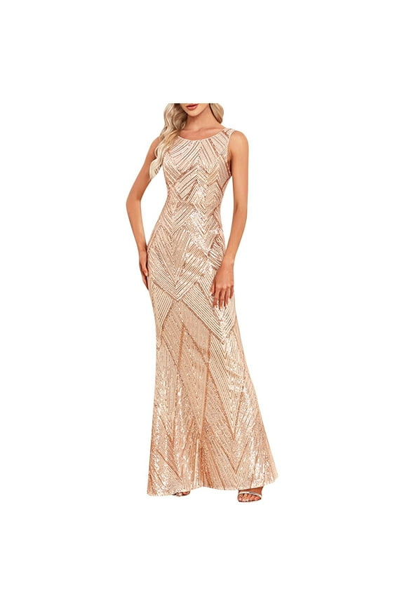 Womens Formal Dresses for Wedding Crew Neck Sleeveless Maxi Evening Gowns Ball Dress Elegant Wedding Guest Cocktail Party Dress