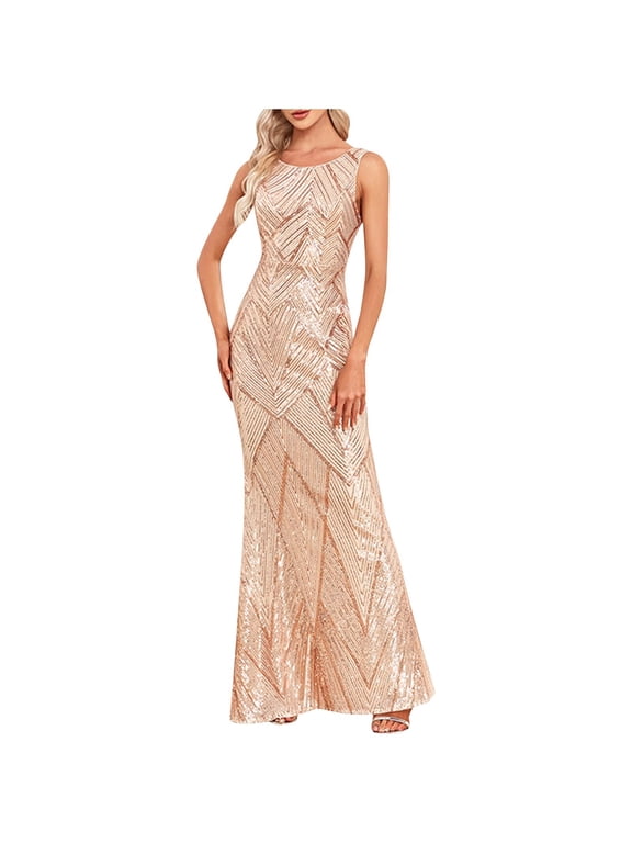 Womens Formal Dresses for Wedding Crew Neck Sleeveless Maxi Evening Gowns Ball Dress Elegant Wedding Guest Cocktail Party Dress