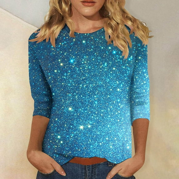 Cavosen Womens Glitter Tops Sparkly Print Pullover Shirts 3/4 Sleeve Crewneck Shiny Blouse Solid Color Party Tees Fashion Casual Dressy Elegant Evening T-Shirts Holiday 2XL