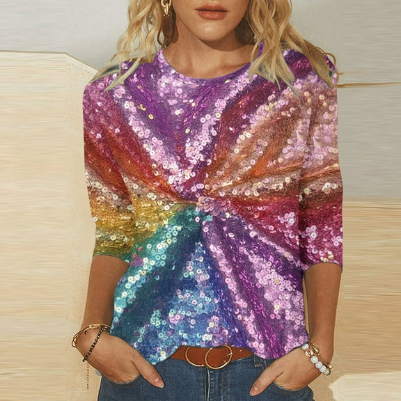 Cavosen Womens Glitter Tops Sparkly Print Pullover Shirts 3/4 Sleeve Round Neck Shiny Blouse Party Tees Novelty Casual Dressy Elegant Evening T-Shirts Holiday Spring Clothes 5XL