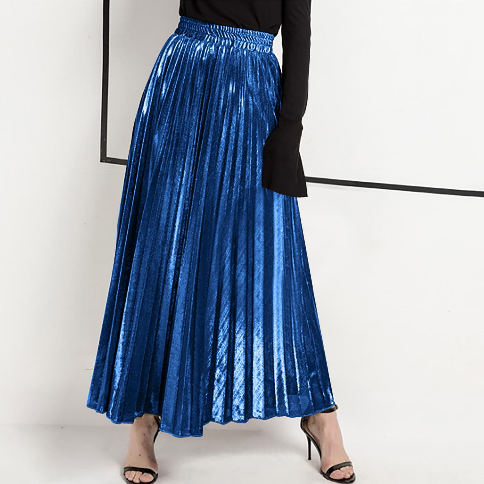 Cavosen Womens High Waisted Skirt Long Maxi Ankle Length A-Line Skirts Pleated Swing Skirts Plain Pencil Skirts Flowy Swing Dress Athletic Beachwear Casual Resortwear Blue S