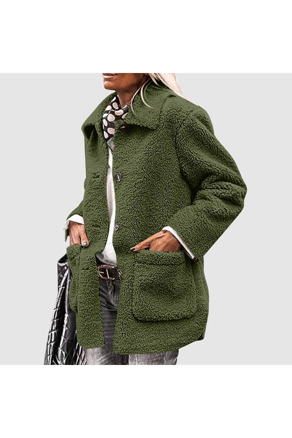 Womens Jackets Dressy Casual Fleece Warm Jackets Coats Y2k Long Sleeve Collared Soft Loose Fluffy Outwear Solid Fashion Overcoats Pockets Fall Winter Clothes Green M