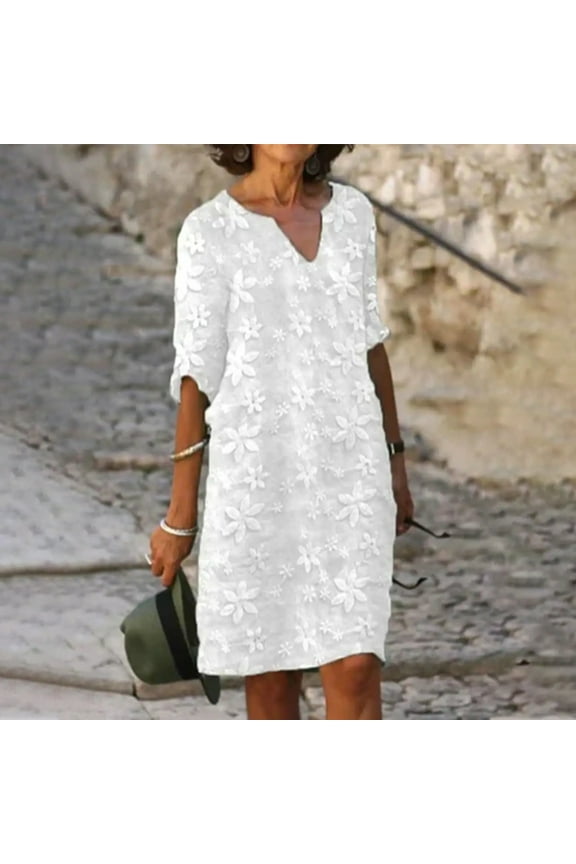 Womens Linen Dresses White Half Sleeve Midi Dresses Fashion Lace Loose Flared Dress Plain Cotton Linen Casual Dress V-Neck Dress Loose Fit Vacation Dresses Loungewear 2XL