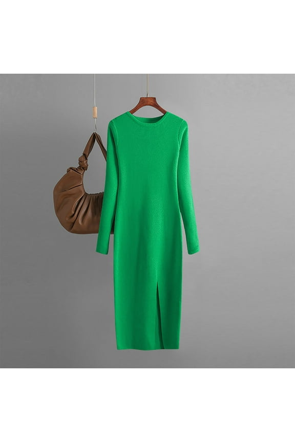 Womens Long Dresses with Long Sleeves Green Knitted Sweater Dress Maxi Wrap Round Neck Calf Length Dress Solid Side Split Warm Casual Trendy Dress Fall Winter Clothes