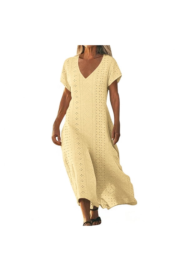 Womens Long Dresses Smocking Short Sleeve V Neck Dress Ladies Flowly Maxi Dress Solid Loose Dress