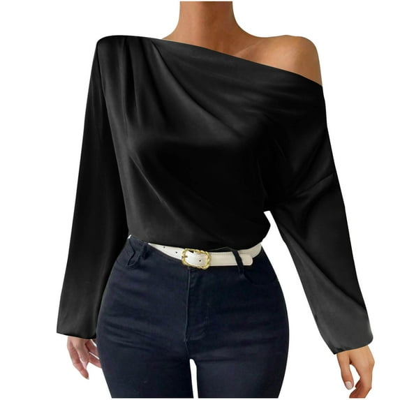Cavosen Womens Long Sleeve Blouses Satin Pullover Blouse One Shoulder Neck Solid Soft Shirts Elegant Vacation T-Shirts Trendy Dressy Tops Going out Beach Tees Summer Black M