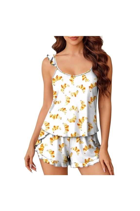 Womens Loungewear Sets Short Sleeve 2 Piece Camisole Breathable Pajama Set Adjustable Ruffle Matching Set Print Classic Sleepwear